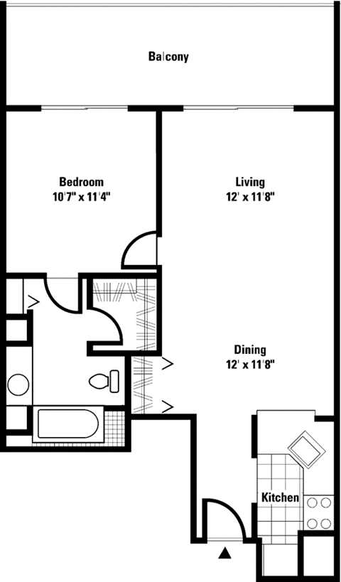 Floor plan for 1 bed, 1 bath, 654 sqft